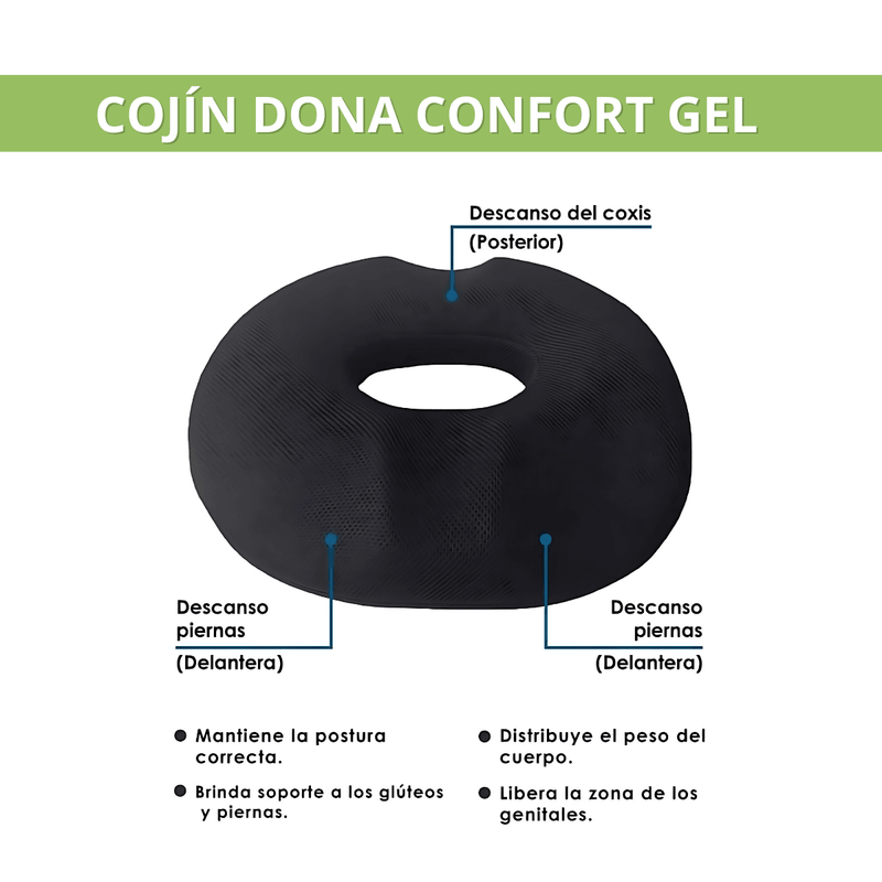 El cojín dona confort Memory Foam con tecnología gel mejora la postura y alivia dolencias como hemorroides, dolor de coxis, escaras, problemas de próstata, ciática y embarazo.