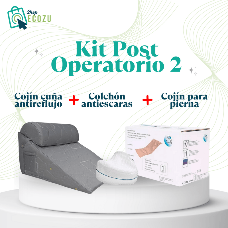 EL Kit Post Operatorio ha sido especialmente diseñado para ofrecer confort, aliviar presiones y prevenir complicaciones tras intervenciones quirúrgicas. Incluyendo un cojín antireflujo con cuña, un colchón antiescaras y un cojín para piernas, 